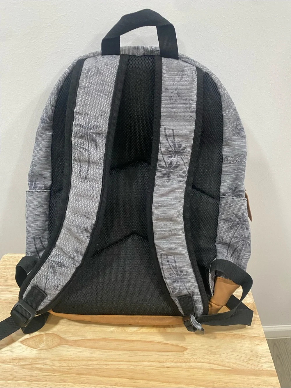 Grey Palm-Print Backpack with Tan Accents
